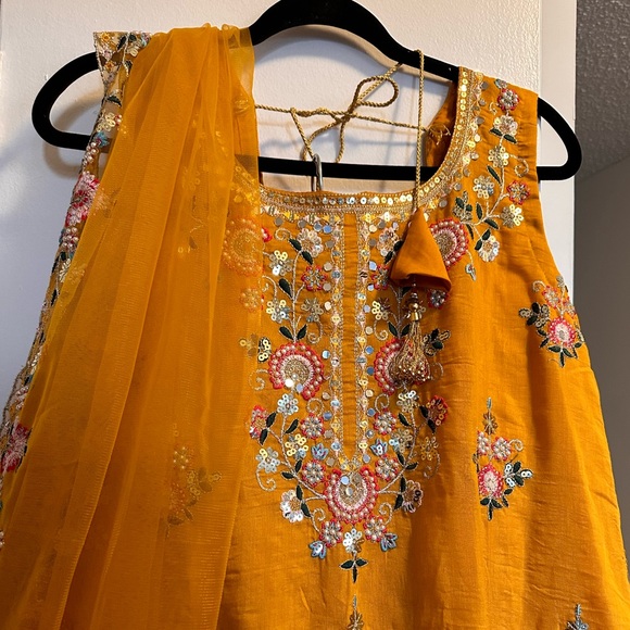 Yellow Indian 3PC Embroidered Sharara Set, Palazzo Set Size XL + Sequin Kurta - Picture 1 of 7